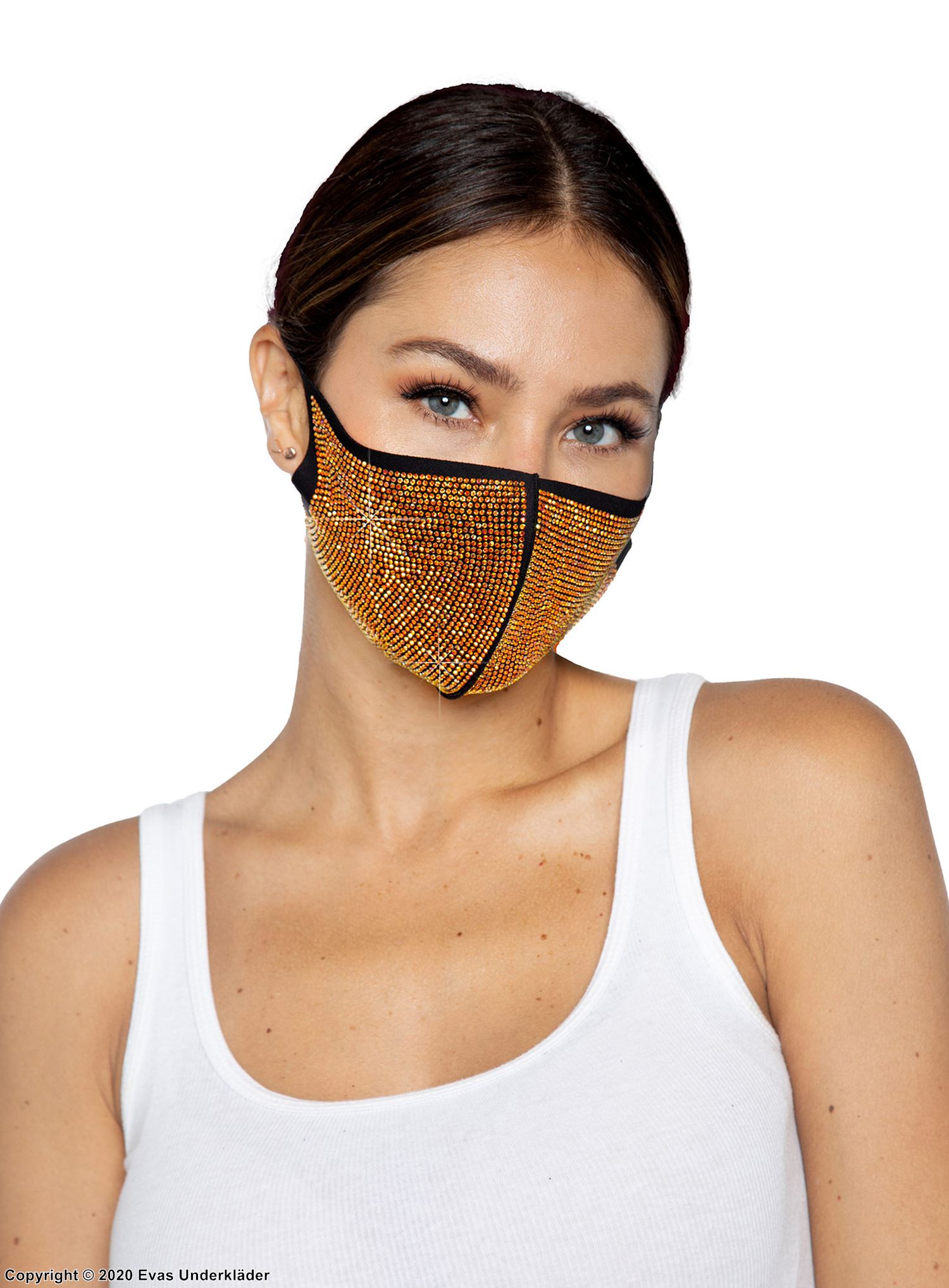 Modeansiktsmask / munskydd med guldskimrande strasstenar